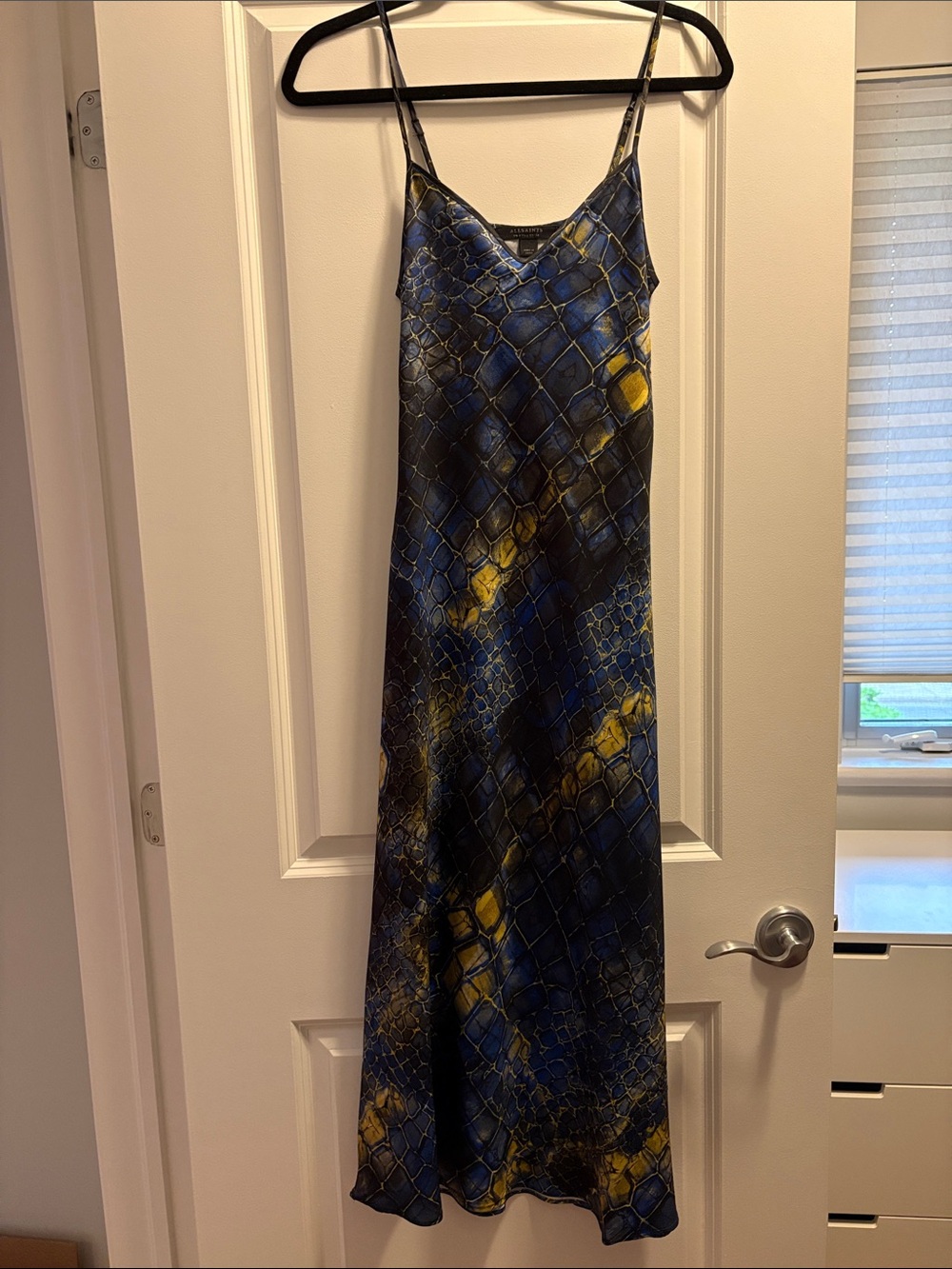 All Saints navy and yellow silky slip dress